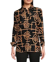 Jude Connally Hadley Bamboo Lattice Print Jude Cloth Knit Point Collar Long Split Roll Cuff Sleeve Coordinating Tunic