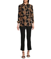 Jude Connally Hadley Bamboo Lattice Print Jude Cloth Knit Point Collar Long Split Roll Cuff Sleeve Coordinating Tunic