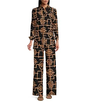 Jude Connally Hadley Bamboo Lattice Print Jude Cloth Knit Point Collar Long Split Roll Cuff Sleeve Coordinating Tunic