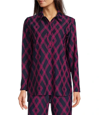 Jude Connally Hadley Diamond Lattice Print Jude Cloth Knit Point Collar Long Split Roll Cuff Sleeve Coordinating Tunic