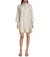 Jude Connally Helen Foiled Foulard Border Print Stand Collar Long Sleeve Dress