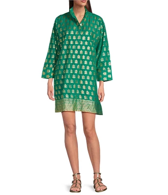 Jude Connally Helen Foiled Foulard Border Print Stand Collar Long Sleeve Dress
