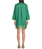 Jude Connally Helen Foiled Foulard Border Print Stand Collar Long Sleeve Dress