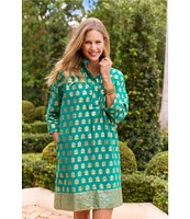 Jude Connally Helen Foiled Foulard Border Print Stand Collar Long Sleeve Dress