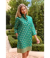 Jude Connally Helen Foiled Foulard Border Print Stand Collar Long Sleeve Dress