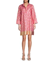 Jude Connally Helen Foiled Foulard Border Print Stand Collar Long Sleeve Dress