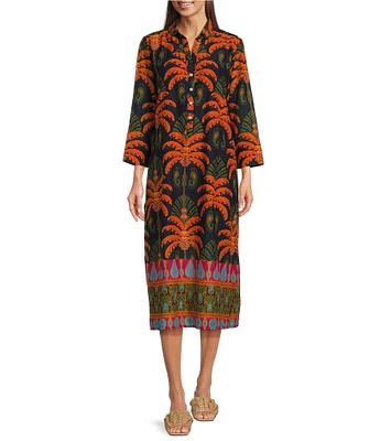 Jude Connally Kallan Cotton Voile Decorative Frond Navy Print Point Collar Shift Midi Dress