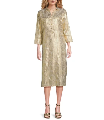 Jude Connally Kallan Cotton Voile Gold Foil Medallion Print Point Collar Shift Midi Dress