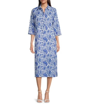Jude Connally Kallan Sapphire Garden Print Point Collar Shift Midi Dress