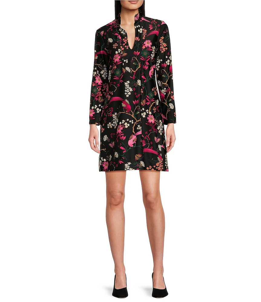 Jude Connally Kate Stretch Knit Floral Print Mandarin Collar Split V-Neck 3/4 Sleeve Shift Dress