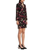 Jude Connally Kate Stretch Knit Floral Print Mandarin Collar Split V-Neck 3/4 Sleeve Shift Dress