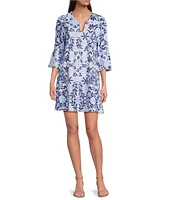Jude Connally Kerry French Tile White Print Split V-Neck 3/4 Bell Sleeve Knit Shift Dress