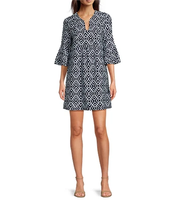 Jude Connally Kerry Garden Lattice Print Split V-Neck 3/4 Bell Sleeve Knit Shift Dress