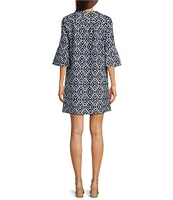Jude Connally Kerry Garden Lattice Print Split V-Neck 3/4 Bell Sleeve Knit Shift Dress