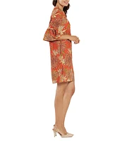 Jude Connally Kerry Jude Cloth Stretch Knit Wrinkle-Free Classic Mums Print Split V-Neck 3/4 Bell Sleeve Shift Dress