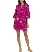 Jude Connally Kerry Jude Cloth Stretch Knit Wrinkle Free Elephant Safari Print Split V-Neck 3/4 Bell Sleeve Shift Dress