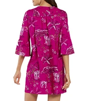 Jude Connally Kerry Jude Cloth Stretch Knit Wrinkle Free Elephant Safari Print Split V-Neck 3/4 Bell Sleeve Shift Dress