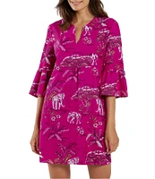 Jude Connally Kerry Jude Cloth Stretch Knit Wrinkle Free Elephant Safari Print Split V-Neck 3/4 Bell Sleeve Shift Dress