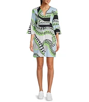 Jude Connally Kerry Mod Kaleidoscope Pool Print Split V-Neck 3/4 Bell Sleeve Knit Shift Dress