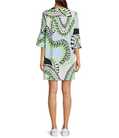 Jude Connally Kerry Mod Kaleidoscope Pool Print Split V-Neck 3/4 Bell Sleeve Knit Shift Dress