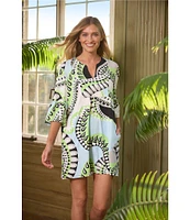 Jude Connally Kerry Mod Kaleidoscope Pool Print Split V-Neck 3/4 Bell Sleeve Knit Shift Dress