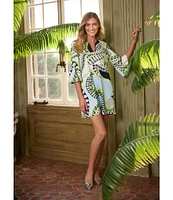 Jude Connally Kerry Mod Kaleidoscope Pool Print Split V-Neck 3/4 Bell Sleeve Knit Shift Dress