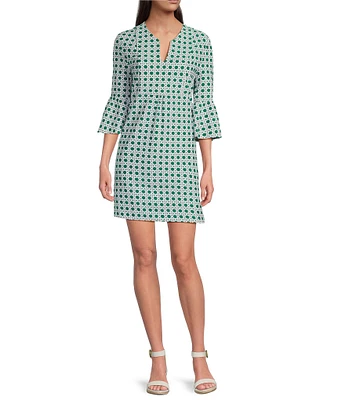 Jude Connally Kerry Petite Rattan Print Split V-Neck 3/4 Bell Sleeve Knit Shift Dress