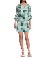 Jude Connally Kerry Petite Rattan Print Split V-Neck 3/4 Bell Sleeve Knit Shift Dress