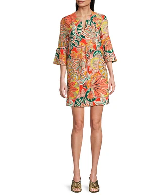 Jude Connally Kerry Gilded Stained Glass Print Split V-Neck 3/4 Bell Sleeve Knit Shift Dress