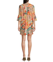Jude Connally Kerry Gilded Stained Glass Print Split V-Neck 3/4 Bell Sleeve Knit Shift Dress