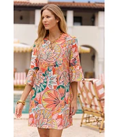 Jude Connally Kerry Gilded Stained Glass Print Split V-Neck 3/4 Bell Sleeve Knit Shift Dress
