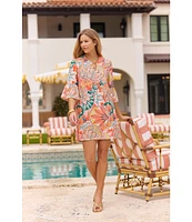 Jude Connally Kerry Gilded Stained Glass Print Split V-Neck 3/4 Bell Sleeve Knit Shift Dress