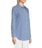 Jude Connally Kimber Cotton Stripe Point Collar Curved High-Low Long Sleeve Button-Front Shirt