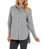 Jude Connally Kimber Cotton Stripe Point Collar Curved High-Low Long Sleeve Button-Front Shirt