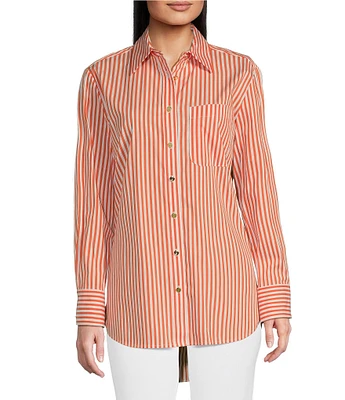 Jude Connally Kimber Cotton Stripe Point Collar Curved High-Low Long Sleeve Button-Front Shirt