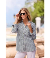 Jude Connally Kimber Cotton Stripe Point Collar Curved High-Low Long Sleeve Button-Front Shirt