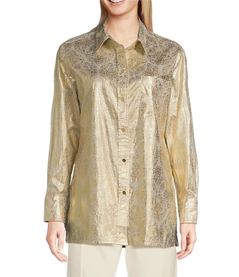 Jude Connally Kimber Gold Foil Medallion Print Point Collar Long Sleeve Button Front Shirt