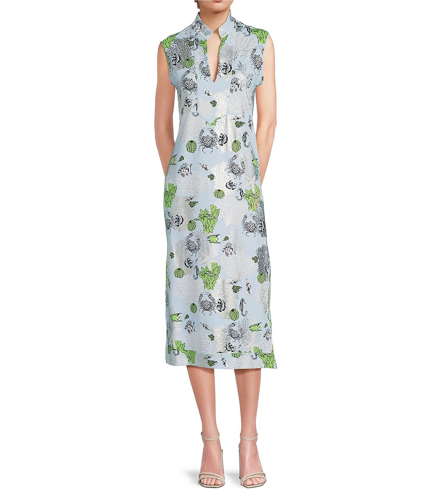 Jude Connally Kristen Coral Reef Print Jude Cloth Stretch Knit Wrinkle-Free Split V-Neck Sleeveless A-Line Midi Dress