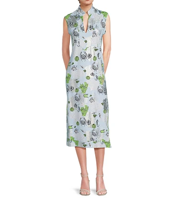 Jude Connally Kristen Coral Reef Print Jude Cloth Stretch Knit Wrinkle-Free Split V-Neck Sleeveless A-Line Midi Dress