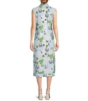 Jude Connally Kristen Coral Reef Print Jude Cloth Stretch Knit Wrinkle-Free Split V-Neck Sleeveless A-Line Midi Dress