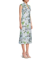 Jude Connally Kristen Coral Reef Print Jude Cloth Stretch Knit Wrinkle-Free Split V-Neck Sleeveless A-Line Midi Dress