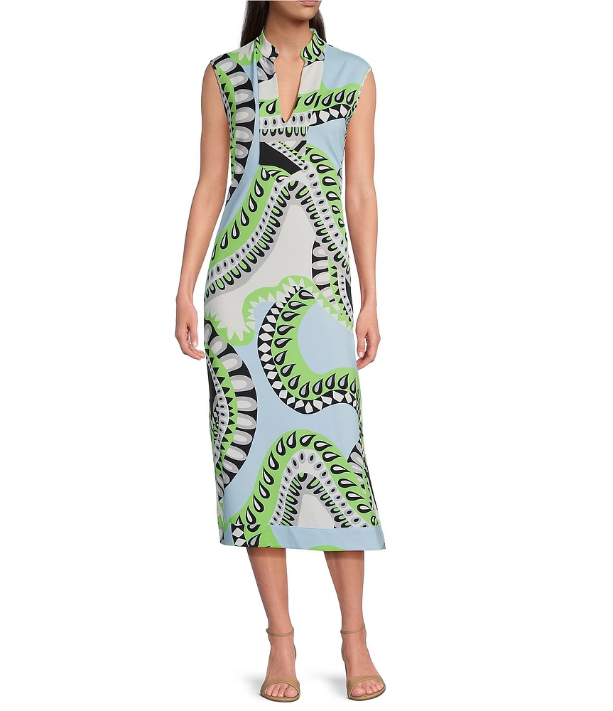 Jude Connally Kristen Mod Kaleidoscope Pool Print Jude Cloth Stretch Knit Wrinkle-Free Split V-Neck Sleeveless A-Line Midi Dress