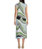 Jude Connally Kristen Mod Kaleidoscope Pool Print Jude Cloth Stretch Knit Wrinkle-Free Split V-Neck Sleeveless A-Line Midi Dress