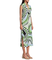 Jude Connally Kristen Mod Kaleidoscope Pool Print Jude Cloth Stretch Knit Wrinkle-Free Split V-Neck Sleeveless A-Line Midi Dress