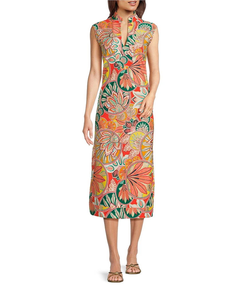 Jude Connally Kristen Stained Glass Print Jude Cloth Stretch Knit Wrinkle-Free Split V-Neck Sleeveless A-Line Midi Dress