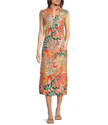 Jude Connally Kristen Stained Glass Print Jude Cloth Stretch Knit Wrinkle-Free Split V-Neck Sleeveless A-Line Midi Dress
