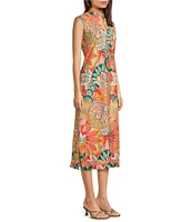 Jude Connally Kristen Stained Glass Print Jude Cloth Stretch Knit Wrinkle-Free Split V-Neck Sleeveless A-Line Midi Dress