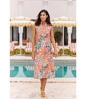 Jude Connally Kristen Stained Glass Print Jude Cloth Stretch Knit Wrinkle-Free Split V-Neck Sleeveless A-Line Midi Dress