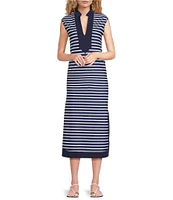 Jude Connally Kristen Striped Print Jude Cloth Stretch Knit Wrinkle-Free Split V-Neck Sleeveless A-Line Midi Dress