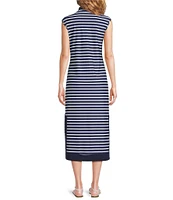 Jude Connally Kristen Striped Print Jude Cloth Stretch Knit Wrinkle-Free Split V-Neck Sleeveless A-Line Midi Dress